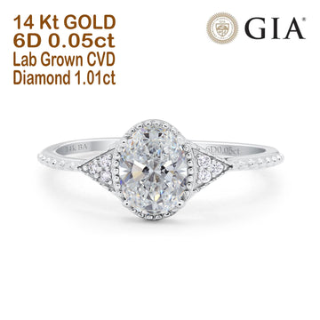 14K White Gold Oval Art Deco 8mmx6mm D VS2 GIA Certified 1.01ct Lab Grown CVD Diamond Engagement Wedding Ring Size 6.5